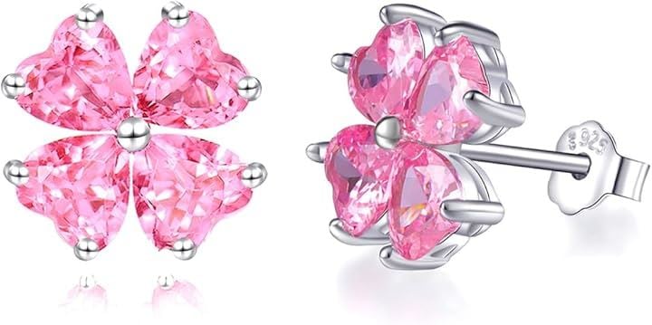 幸運四つ葉のクローバー 女性 6.4ct キュービック・ジルコニア 925純銀製 シルバー ピアス K18コーティング 金属アレルギー対応 (10月 誕生石 ピンクトルマリン)