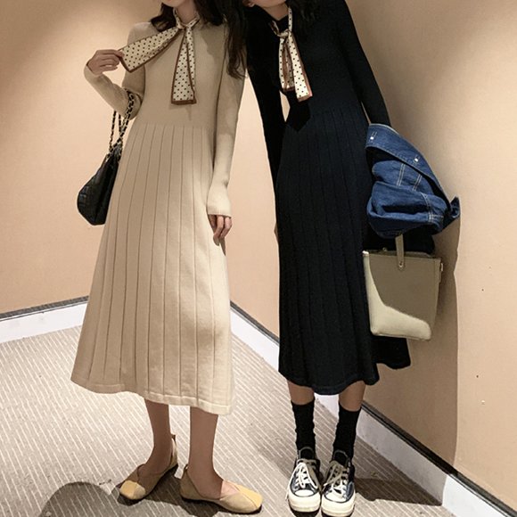 スカーフリボンタイニットワンピース