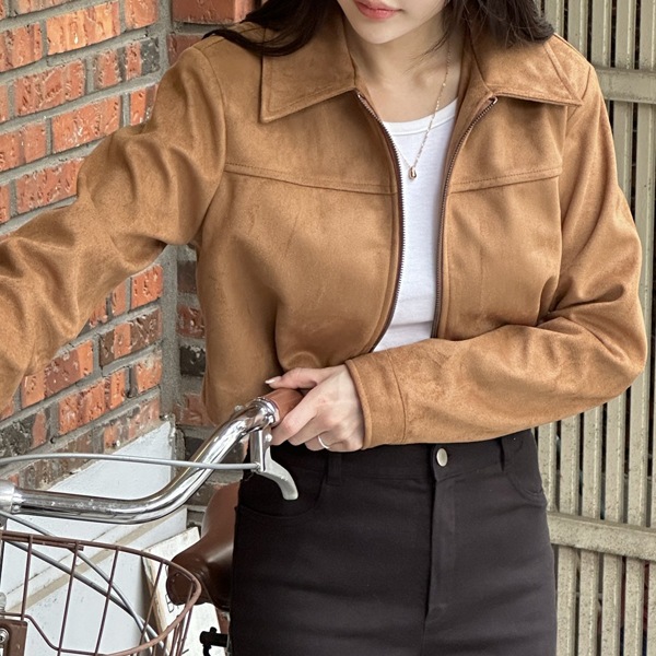 韓国ファッション 肩パッド クロップ ジップアップ スエード ジャケット 7,800円