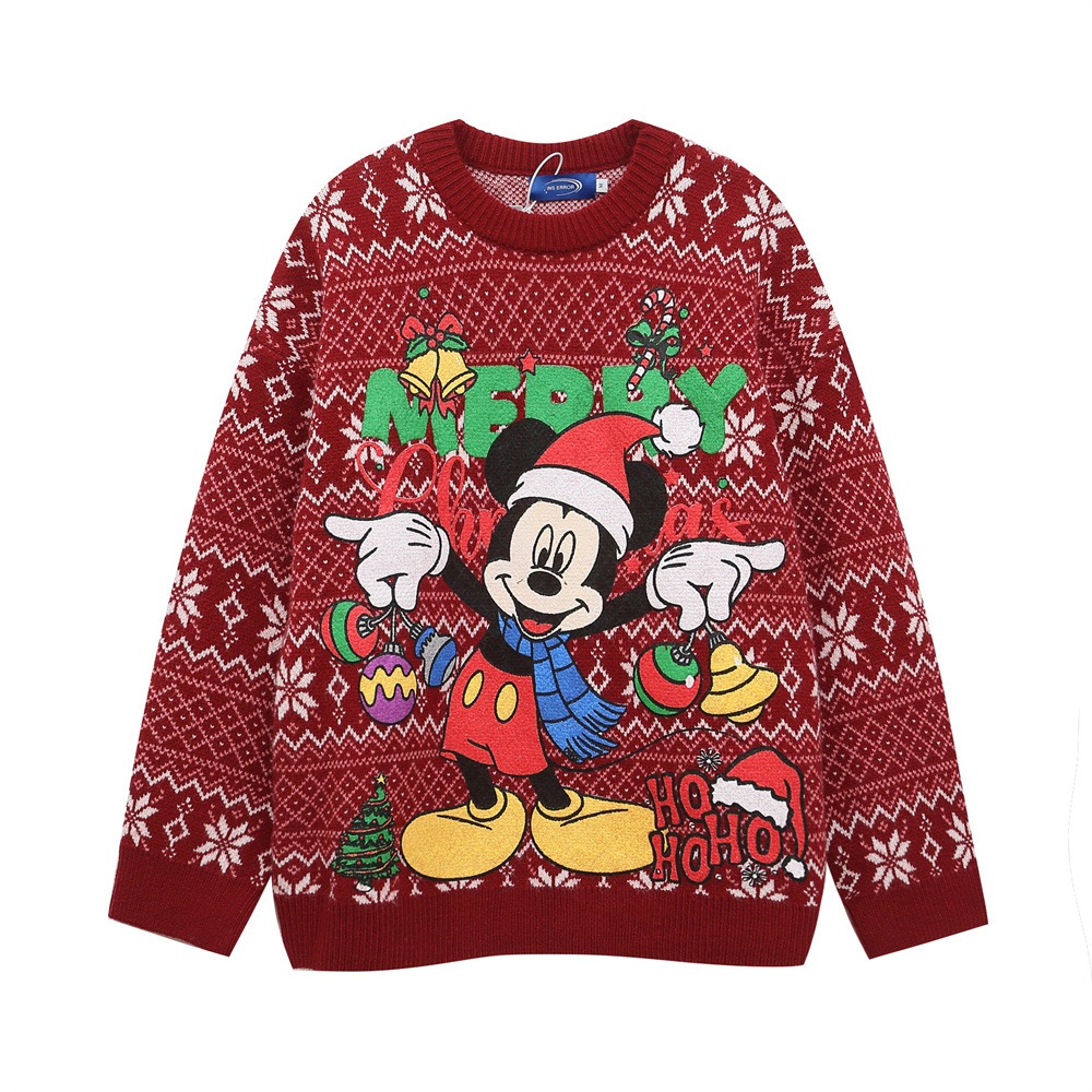 ミッキー ニット ミッキープリントクルーネックセーター秋ミッキーマウスクリスマスルーズセーター