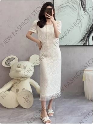 韓国版サイドネックフリンジレースワンピース2着のミニドレス-25