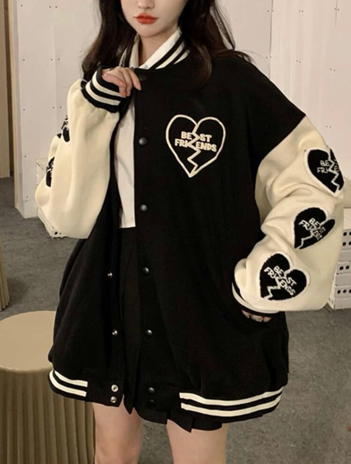 ハート　可愛い　モノクロ　ストライプ　ゆったり　ジャケット