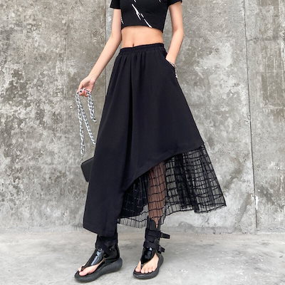 夕イトスカ一トマキシスカート日系不規則ハイウエスト 着痩せ効果 伸縮性のあるウエスト セミロング丈