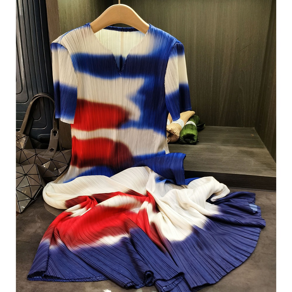 Vネック半袖染めグラデーションしわワンピース気質通勤リゾート風スカート夏