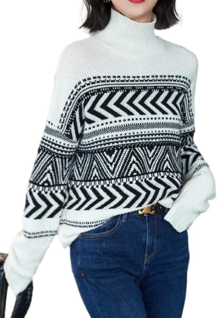 フェアアイル柄 ジャガードニット 長袖 セーター トップス あったか ふんわり袖 レディース JS35-WH-2XL( ホワイト, 2XL)