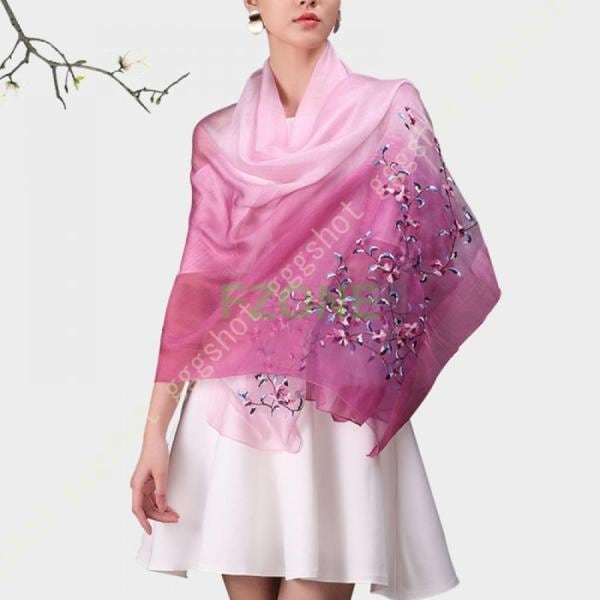 シルクストール シルク シワ加工 刺繍づき スカーフ 絹 大判 花柄 マフラー ショール レディース シルク 通気 UVカット スカーフ 薄手 マフラー 結婚式