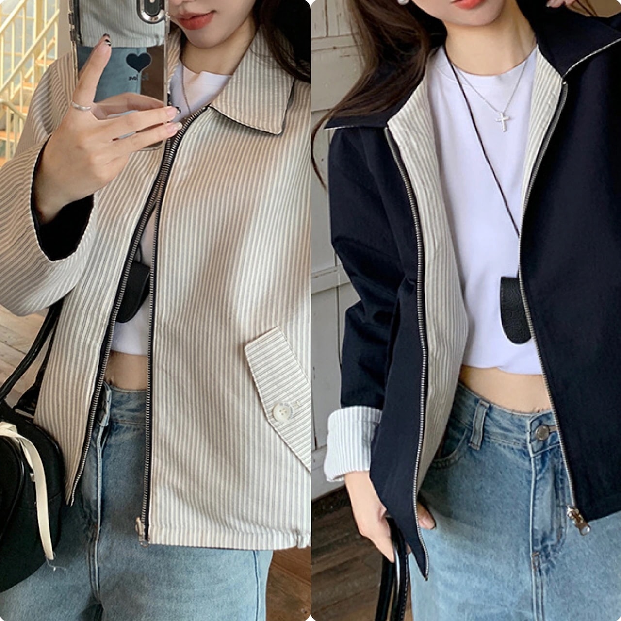 2024 秋冬アウター ジャケット ショートコート リバーシブル ストライプ 長袖 ジップ チャック 襟 秋 白 黒 おしゃれ かわいい 韓国ファッション レディース お出かけ安い