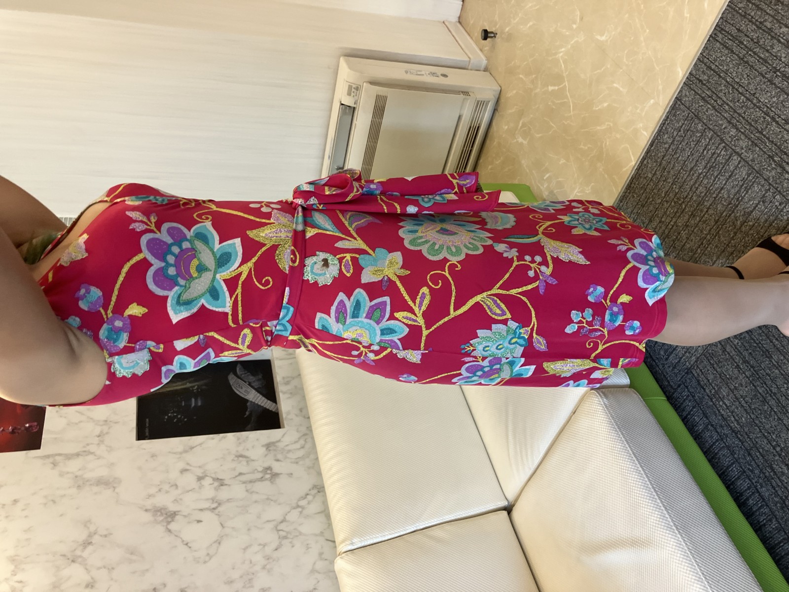 レジーナロマンティコ REGINA ROMANTICO 日本製 花柄 ストレッチ ジャージー ラップ風 ワンピース 36 S相当 ノースリーブ 膝丈 ピンク