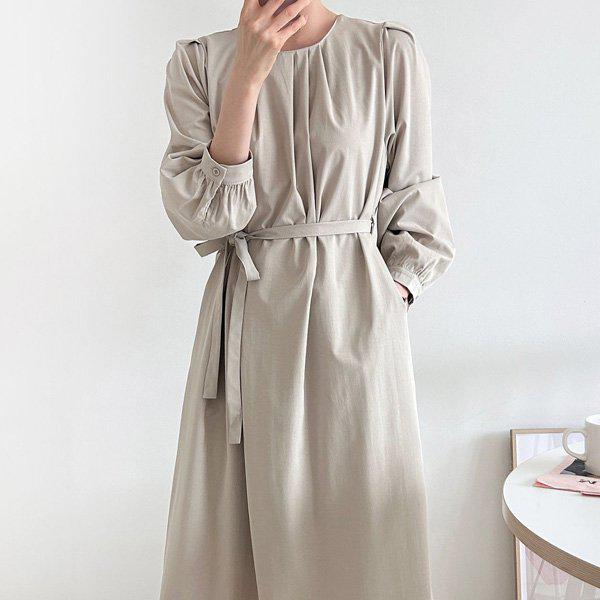 Hスタイル(OP)エルモックネックピンタックベルトワンピース 秋 初秋 ワンピース 長袖 OPS ドレス デイリールック デートルック