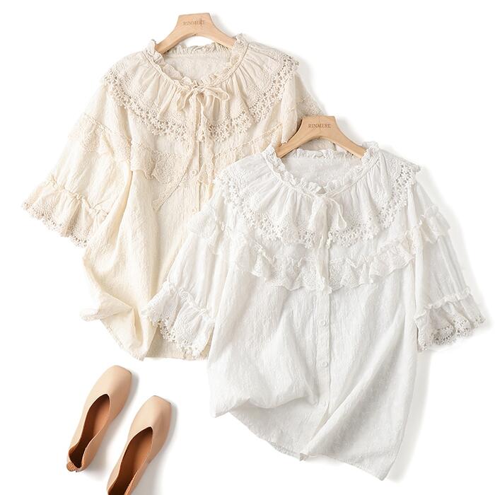 【急速出荷】ブラウス 森ガール 半袖 花柄レース レディース シャツ 白 大人可愛い 服 夏 新作 体型カバー 総刺繍 ベージュ ホワイト レース 襟 袖口レース 綿 コットン 刺繍レース レース襟