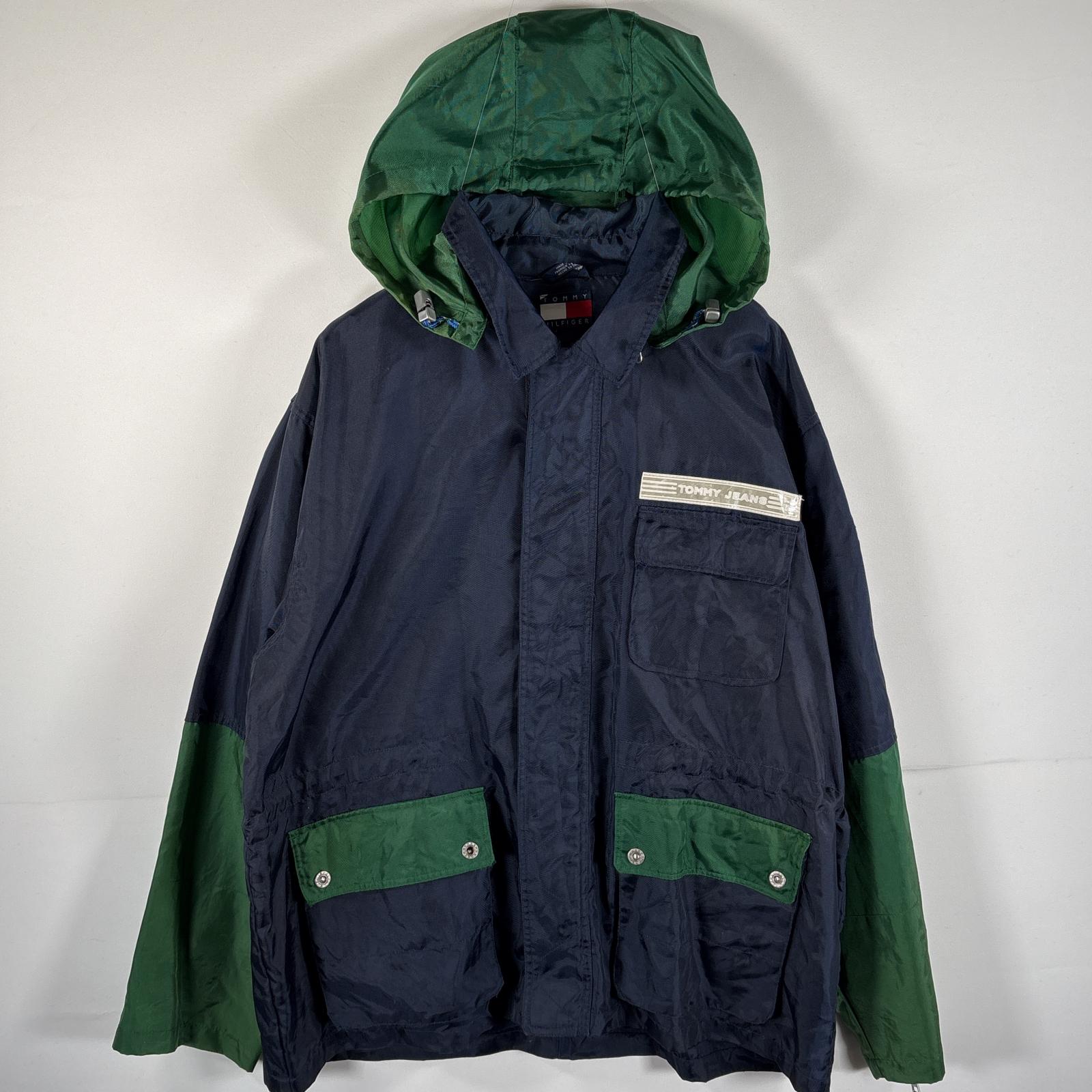 古着 90s/90年代 ナイロンジャケット トミージーンズ フーディー ワッペン 大きいサイズ ネイビー メンズ