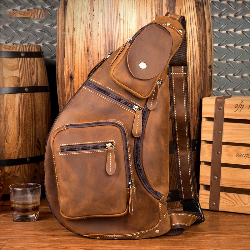 復古の手制の男の人の頭の層牛革の胸の包みはゆっくりと時間を掛けますレジャーの男の人の包みは肩の包みを斜めに掛けます