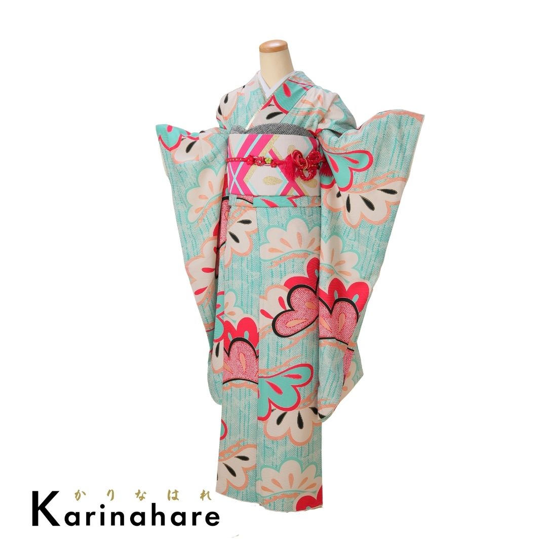 結婚式結納振袖レンタルミントグリーンに松の葉を現代的に描いた振袖セットF496-105