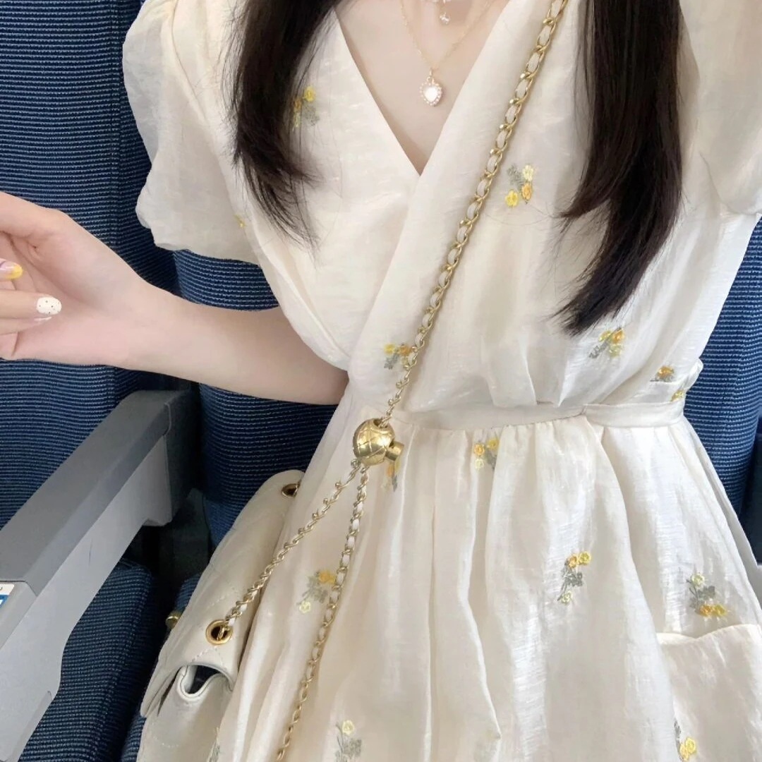 ドレス レディース刺繍バブルスリーブワンピース女子学生夏ウエスト間伐韓国ファッション マキシスカート