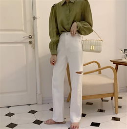 ♥信じられない驚きの大特価♥韓国ファッション 気質 大人気 おしゃれな トレンド 新品 ハイウエスト スリム 港の風 ワイドパンツ ダメージデニムパンツ