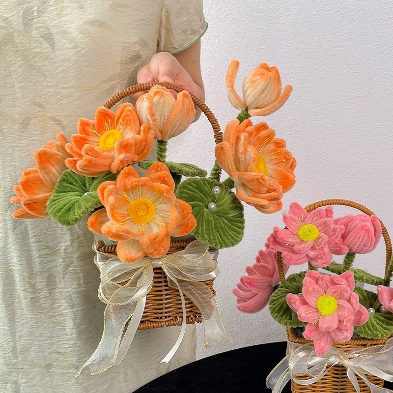手作りDIYツイストスティック蓮の花束材料キット造花花かごバレンタインデー・誕生日プレゼント（彼女向け）