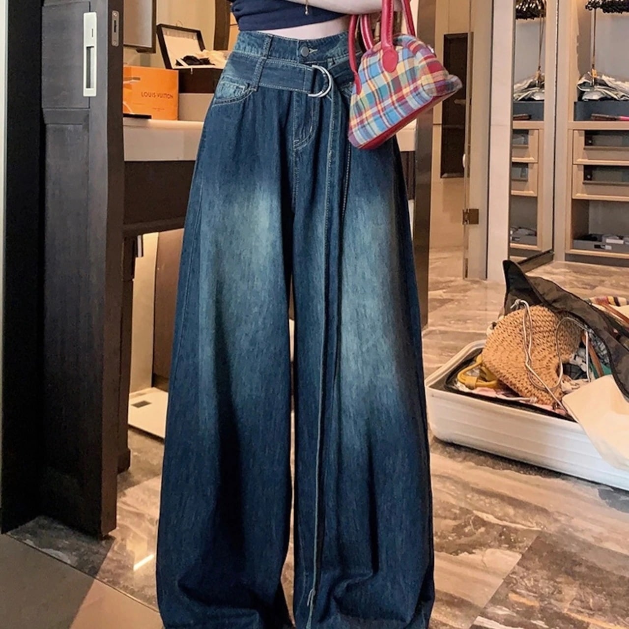2024夏 韓国パンツ デニム ジーンズ ロング丈 ワイドレッグ ウォッシュ ベルト ハイウエスト 美脚効果 脚長効果 細見え 夏 白 青 おしゃれ かわいい 韓国ファッション レディース お出か