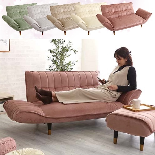 【シンプルエレガント】 日本製 高級感 大人かわいいインテリア ベロアカウチソファ 2人掛け 姫系 大人女子 14段階リクライニング