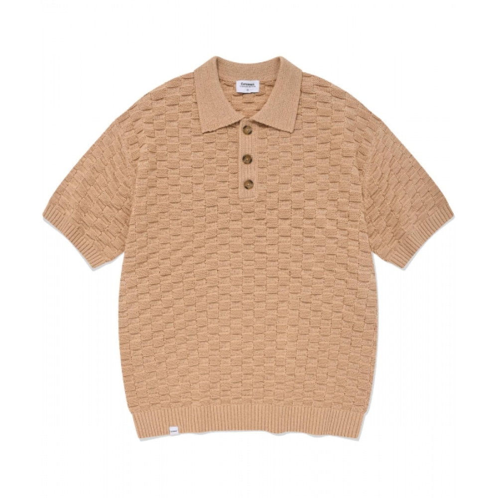 COVERNAT ブロックテクスチャカラーハーフニットサーモン