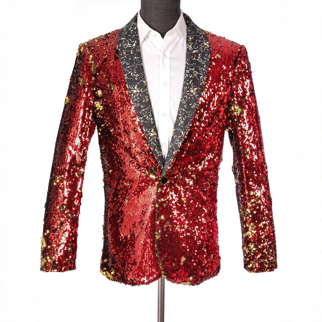 礼服 XS-3XL レッド 光沢 個性的 ジャズダンス服 欧米風 男性 二次会 コスプレ 赤 学園祭 イベント 舞台コート キラキラ 発表会 コスチューム メンズスパンコールジャケット カラオケ