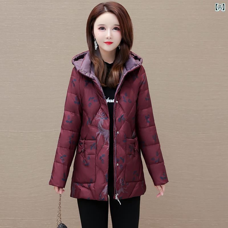 ジャケット ダウンジャケット レディース ウエスタン プリント フード ダウン カラフル 冬 暖かい 厚手 ホワイトダックダウン