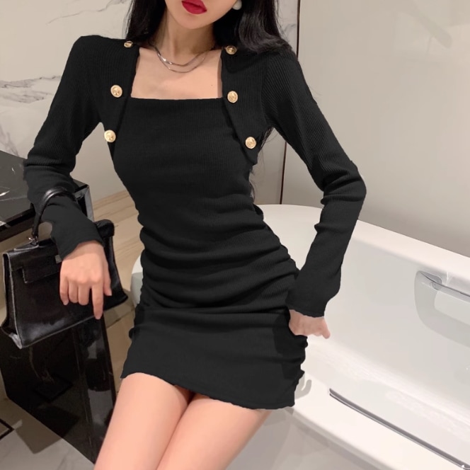 ワンピース ニットワンピース ミニ丈 長袖 袖あり スクエアネック 襟なし タイト スリム 細身 ストレート Iライン ハイウエスト ニット かわいい 大人可愛い シンプル おしゃれ アジアン