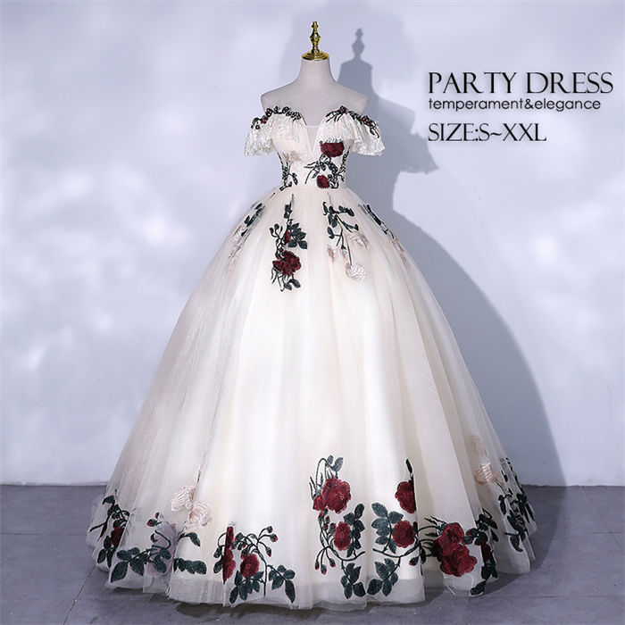 カラードレス オフショルダー 花柄 パーティードレス プリンセス ピアノ演奏会 発表会 ウエディングドレス 二次会 ワンピース ドレス レディース 結婚式 ロング イブイングドレス 大きいサイズ 30