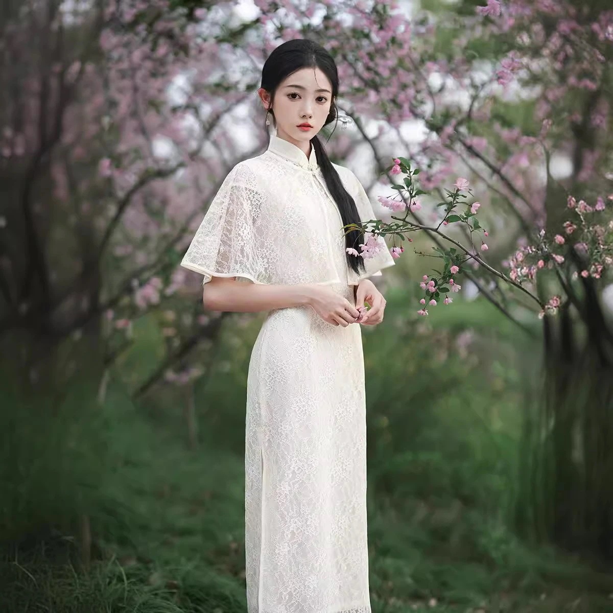 2024春夏改良チャイナドレススリムフィットデイリーホワイトレースツーピース優しいロングチャイナ