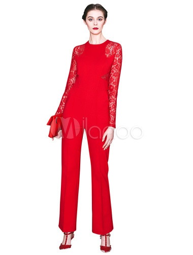 レッドジャンプスーツは女性のためのレースローマニットスーツをカットアウト