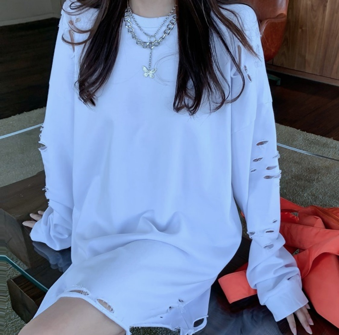 トップス デート Tシャツ カットソー 袖あり 長袖 夏 10代 20代 レディース 女性用 OL 個性的 ホワイト オレンジ ブラック S M L こなれ感 ゆったり ラフ ルーズ クール