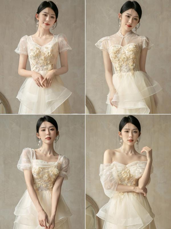 ブライズメイドドレス お揃いドレス ワンピース 発表会 フォーマル ロング 半袖 パフスリーブ 透け感 メッシュ 刺繍 花 蝶 おしゃれ 大きいサイズ シャンパン