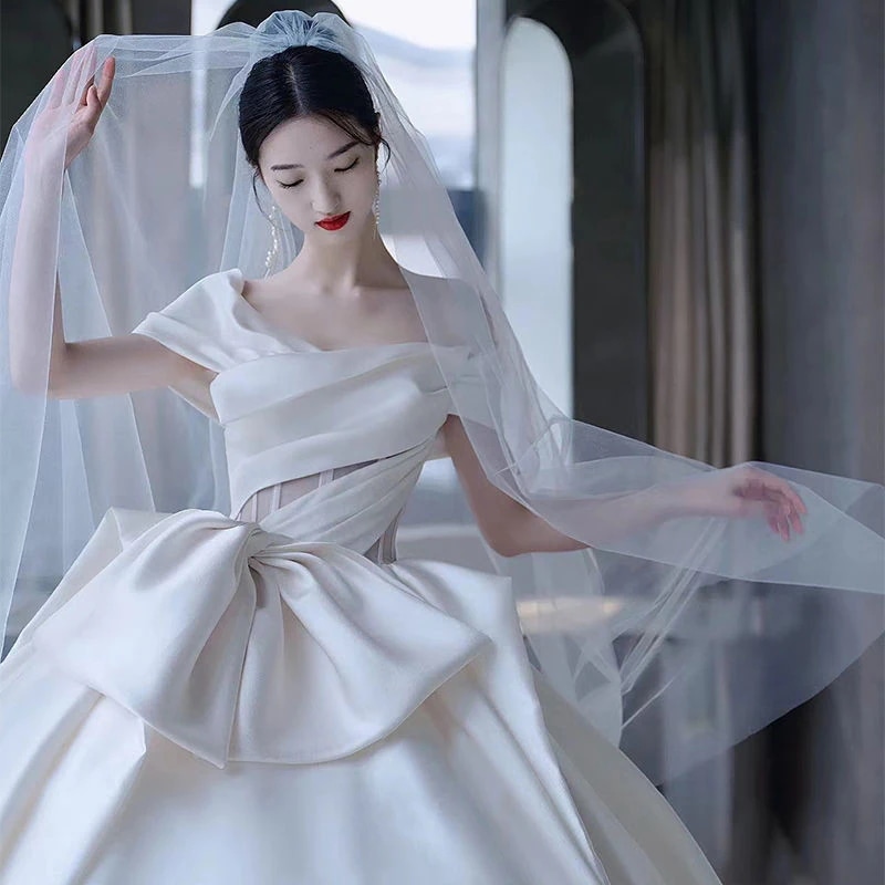 ワンショルダーサテンウェディングドレス花嫁2024小さいプラスサイズ妊婦ハイエンドフォレストスタイル