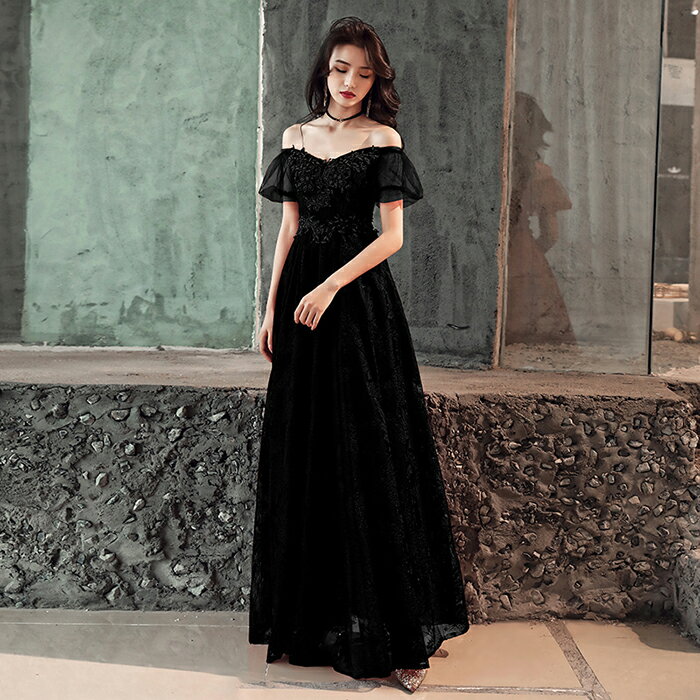 ウェディングドレス ウエディングドレス カラードレス パーティードレス 演奏会 発表会 イブニングドレス フォーマルドレス カクテルドレス コンサート コンクール オフショルダー ブラック 半袖 結婚