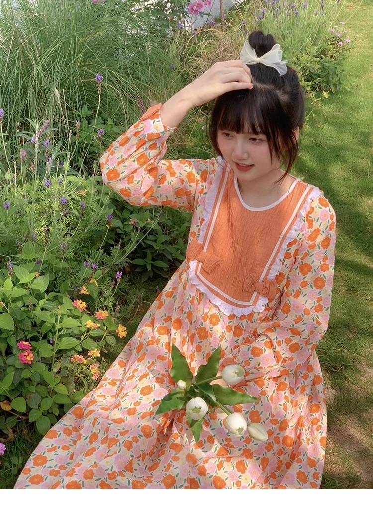 大きいサイズ レディース ラウンドネック ハイウエスト ミドル丈 春 夏 花柄 ドレス 個性的 ワンピース 膝下 袖あり 長袖 ラウンドネック 襟なし かわいい おしゃれ お洒落 ラブリー キュート