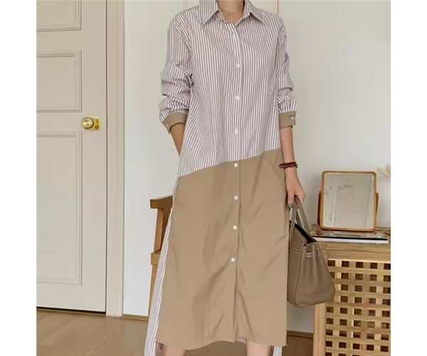 レディース ワンピース シャツワンピ ロング 長袖 襟付き ポロカラー ポケット 前開き ボタン 切り替えデザイン 大人可愛い カジュアル おしゃれ レトロ ラフ ルーズ 個性的 クール 存在感