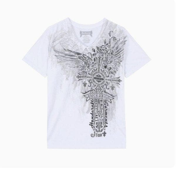 シングル ヴィンテージ 十字架 WING Vネック 半袖 Tシャツ(B252TS693P)