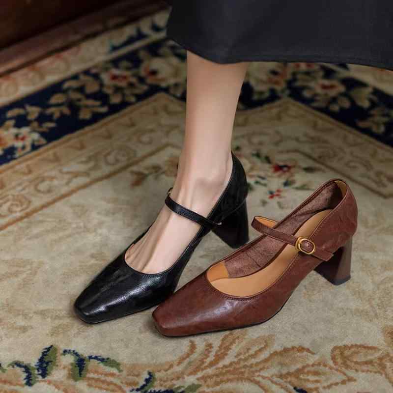 パンプス レディース シューズ 革靴 春秋 ソフト シープスキン フレンチ レトロ メリージェーン 浅い ハイヒール ブラック ブラウン 5,524円
