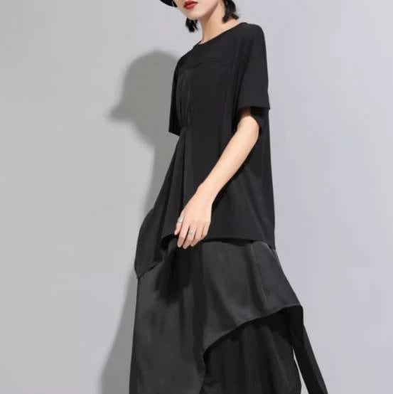 レディース トップス カットソー Tシャツ チュニック 丈長 半袖 ラウンドネック 襟なし 切り替え かわいい 大人可愛い きれいめ シンプル 上品 おしゃれ かっこいい こなれ感 モード系 エレガン