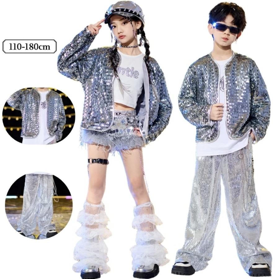 [新品入荷]キッズダンス衣装 シルバー スパンコール セットアップ 女の子 男の子 インナー タンクトップ トップス 白 ヒップホップ アイドル ステージ衣装 jazz チアガー
