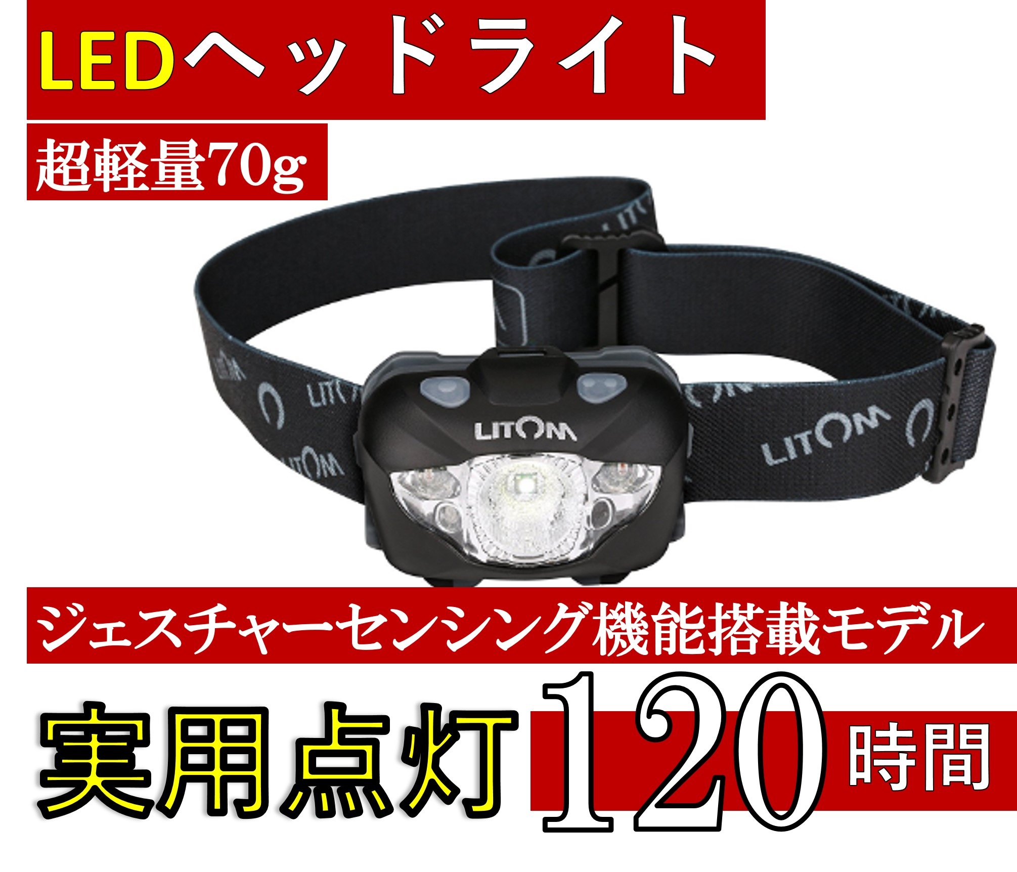 送料無料 最安値 超軽量 LEDヘッドライト 単4型乾電池対応 明るさ168ルーメン/実用点灯最高120時間 ジェスチャーセンシング 6つの点灯モード 防水性能IPX6