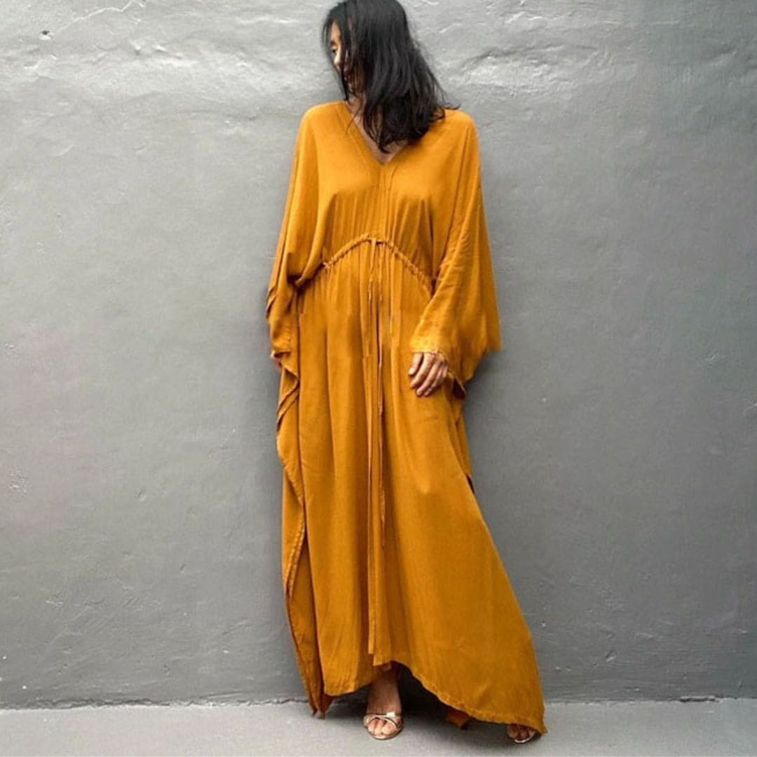 ワンピース ロング丈 マキシ丈 袖あり 7分袖 七分袖 ドルマンスリーブ Vネック フレア ワイド リボン ウエストマーク ハイウエスト シンプル カジュアル 大人女子 こなれ感 ラフ エレガント 5,151円