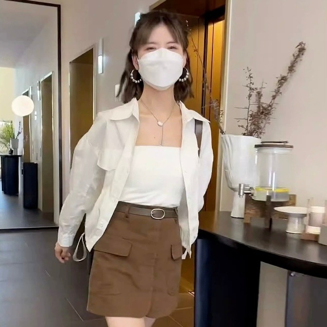 レディース トップス シャツ ショート丈 長袖 ルーズ ポロカラー 前開き ボタン 綿 薄手 大人可愛い きれいめ シンプル 上品 お洒落 かっこいい無地 20代 オルチャン 2XL こなれ感 春 秋