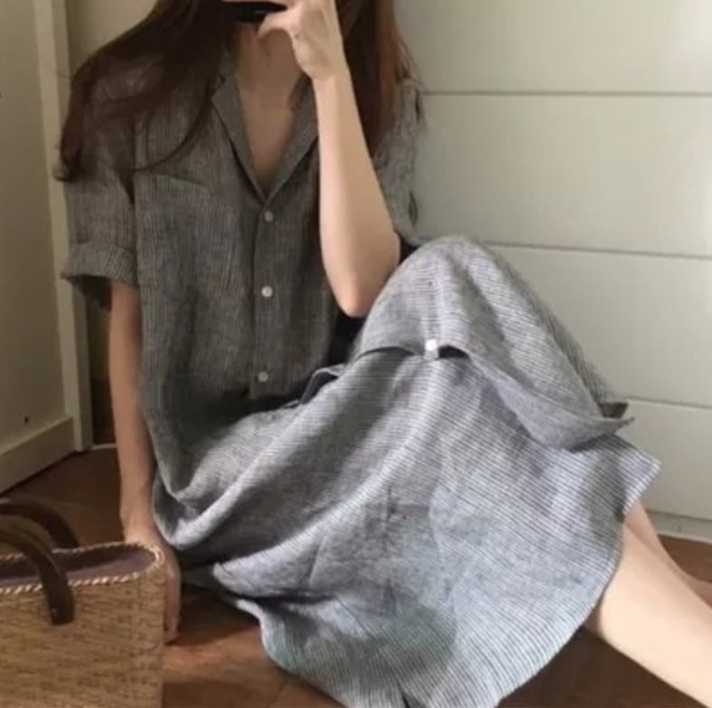 ワンピース シャツワンピ 膝丈 ミモレ Vネック 襟付き 半袖 ストレート 大人可愛い きれいめ ラフ ルーズ ストライプ柄 春 夏 デート お出かけ リゾート S XL 2XL ブラック