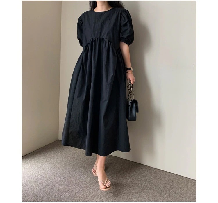 ワンピース レディース パフスリーブ フレア ロング 半袖 ラウンドネック ポケット 白 黒 水色 ゆったり 大人可愛い おしゃれ シンプル カジュアル ガーリー お出かけ デート S M L XL