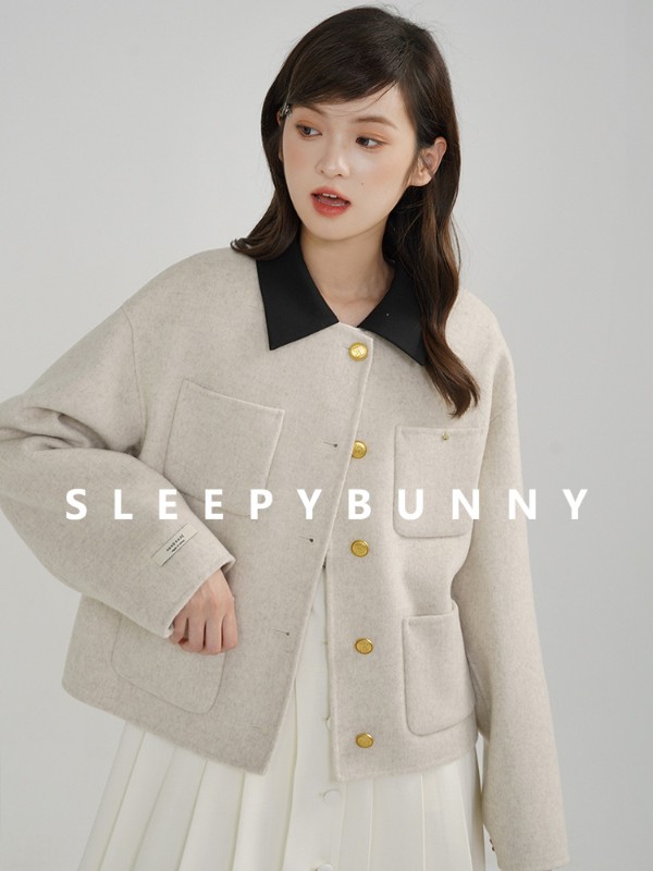 眠いウサギ「エンボス加工の金ボタン」気質小シャネル風80ウールショート両面ウールコート冬プチ 10,189円