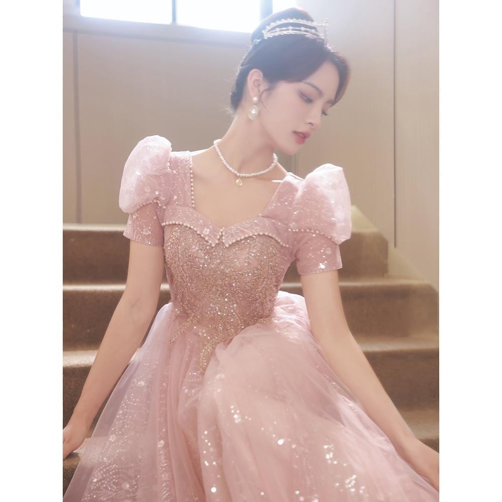 女性用ピンクイブニングドレス2024宴会気質妖精成人式芸術テストスカート