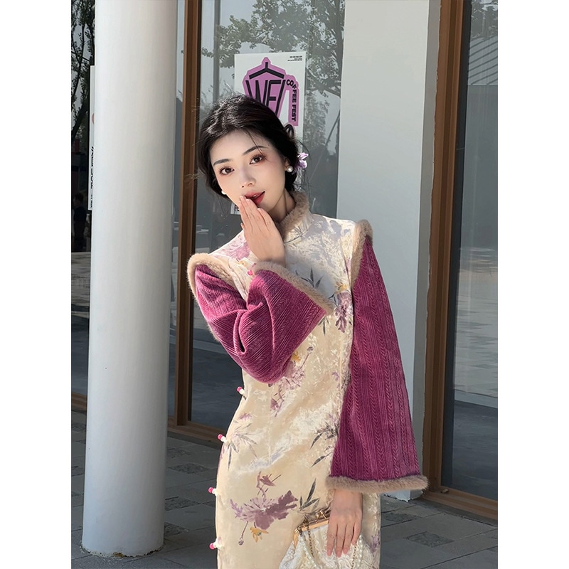 新風長袖チャイナドレス中華民国ミス秋冬2024新作