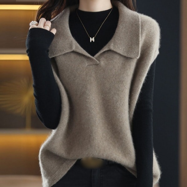 【No.1 人気商品】 2点セット 単品注文可 ノーカラー Tシャツ カットソー+折り襟 ベスト 秋 冬 レディース