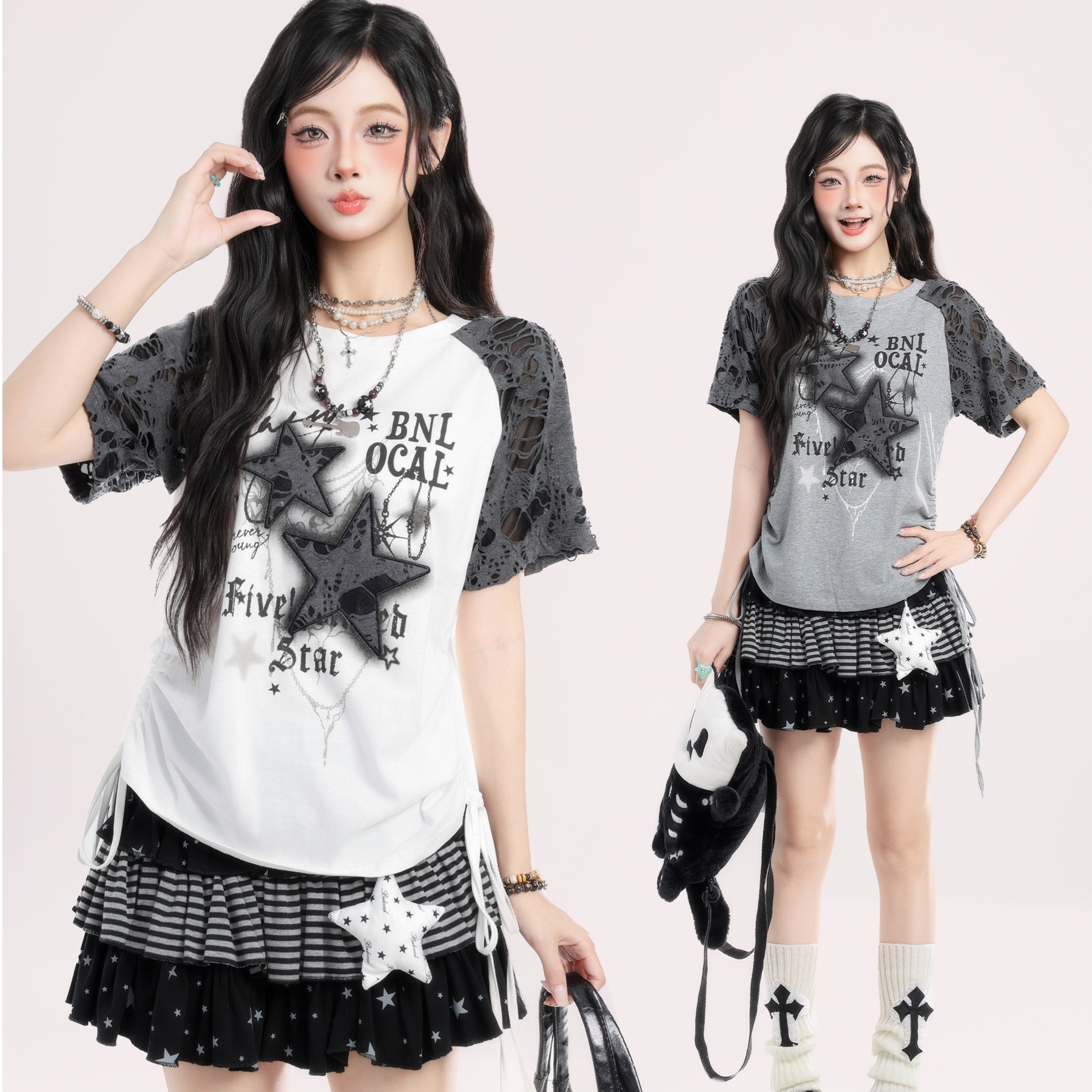 スタープリント ダメージスリーブ ラグランスリーブ オーバーサイズ クロップドTシャツ サイドドローストリング ブロークコア 韓国っぽ ストリート レディース 骨格ナチュラル 骨格ウェーブ 夏