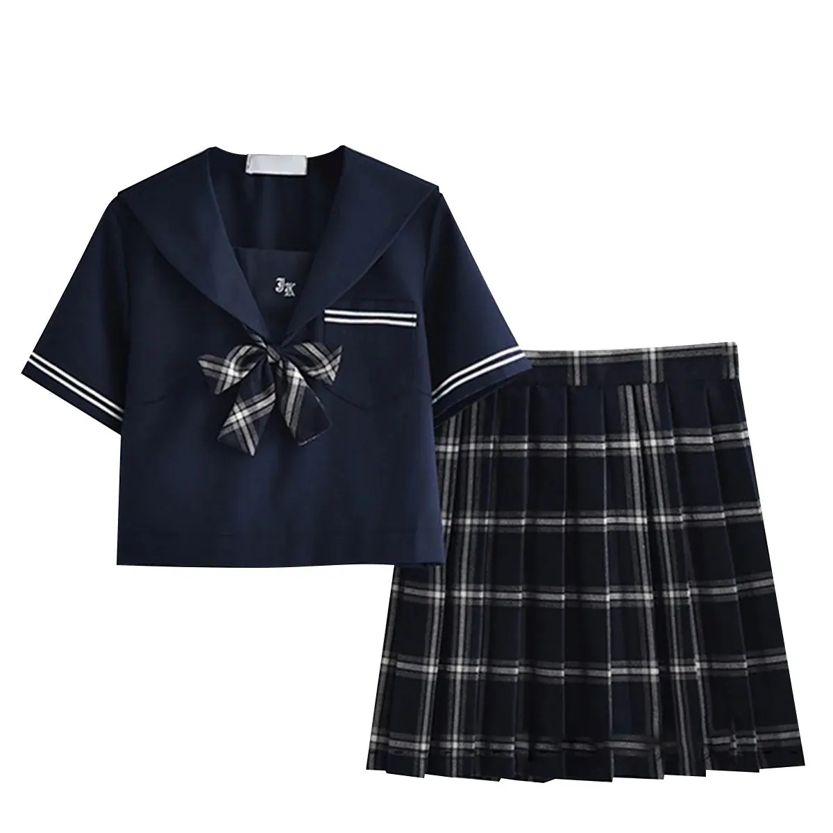 制服 紺コスプセーラー服 短袖長袖コスプレ セーラー襟 コスチューム ゴスロリ 可愛い ネイビーチェックミニスカート学院風ロリータ 4点セット ハロウィン 女子高生関東学校ネクタイ